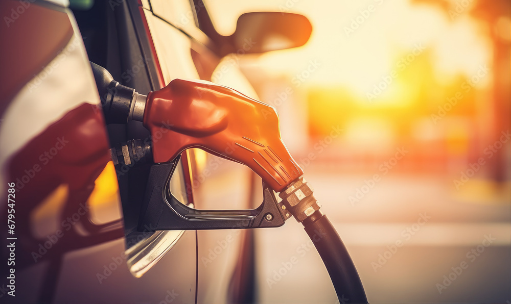 Close-up photo of a car filling up with gas at a gas station, refueling - obrazy, fototapety, plakaty 