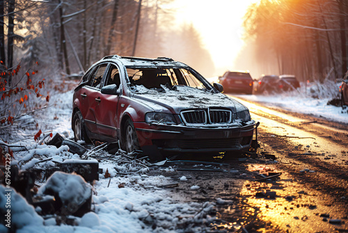 car accident in winter on slippery road with snow and ice