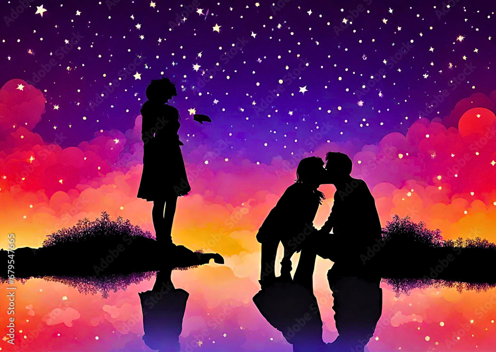 silhouette of couple kissing, Romantic Silhouette, Passionate Couple Kiss, Silhouette of Kissing Partners