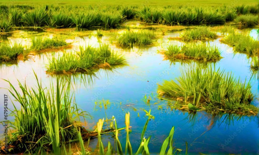 Obraz premium grass on the water, Floating Grass Serenade, Tranquil Waterside Bliss with Floating Grass