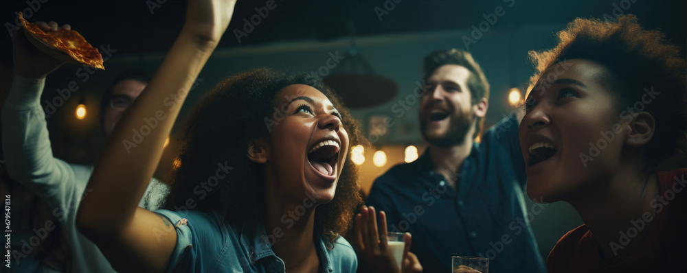 A goroup of young people are cheering in the pub. Hands up A goroup of young people are cheering in the pub. Hands up