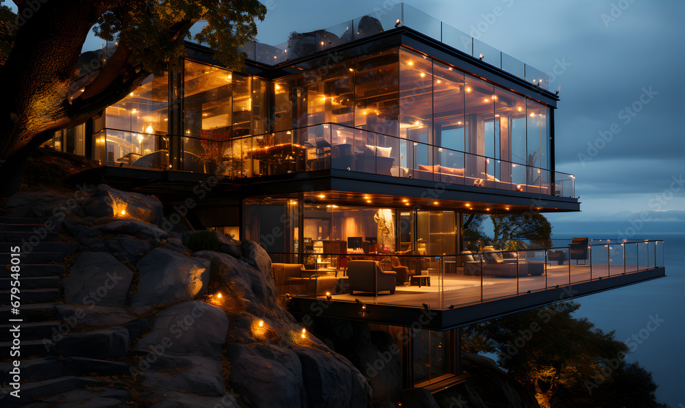 Exterior of a modern glass and wood house on a mountain overlooking the sea generated AI