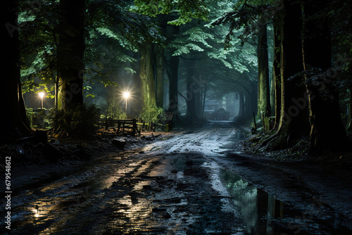 Muddy Road in the Woods at Night. Generative Ai