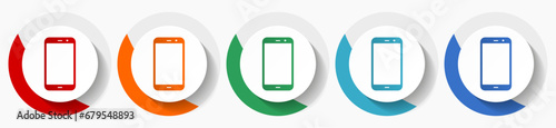 Smartphone, mobile phone vector icon set, flat design colorful round icons in 5 color options for webdesign and mobile applications