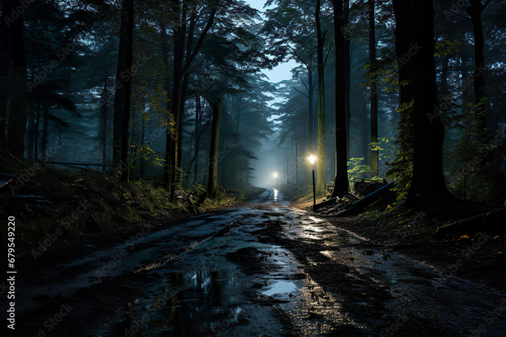 Fototapeta premium Muddy Road in the Woods at Night. Generative Ai