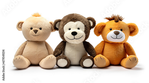 Cut out set of 3 stuffed animal toys isolated on white background