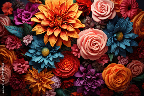 Colorful background. View of multicolor flowers. Beautiful dahlia flowers as background. Summer flowers is genus of plants.