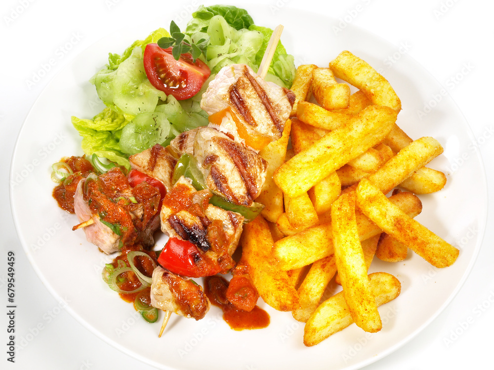 Schaschlik Fleisch am Spieß mit Schweinefleisch vom Grill und Pommes Frites Schaschlik Fleisch am Spieß mit Schweinefleisch vom Grill und Pommes Frites