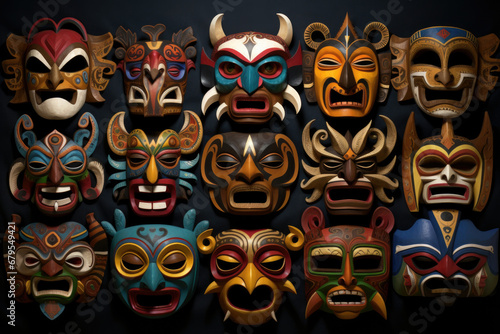 Colorful wooden masks and handicrafts on sale at shop.