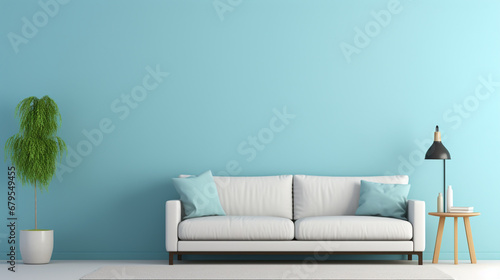 Modern interior design of living room with empty light blue wall