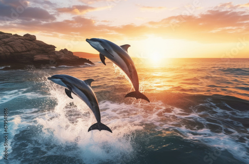 Beautiful dolphins swimming. Dolphin jumping above blue water. © Ruslan Gilmanshin