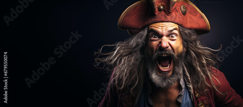portrait of an angry old pirate captain in a hat on a dark background with a copy space