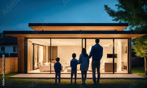 back, rear view of Happy young family with two 2 kids, children 4 four persons standing looking of new illuminated modern futuristic house with young girl. night, evening scene. exterior privat home. photo