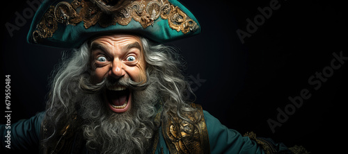 portrait of a funny old pirate captain in a hat on a dark background with copy space photo
