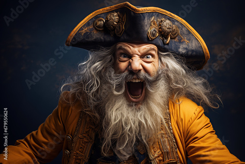 portrait of a funny old pirate captain in a hat on a dark background