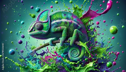 Abstract illustration of a green chameleon exploding into color splatters on a green background photo