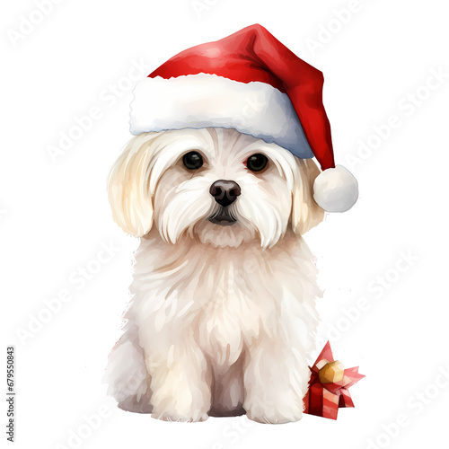 cute maltese wearing Santa Claus costume for christmas theme, watercolor illustration