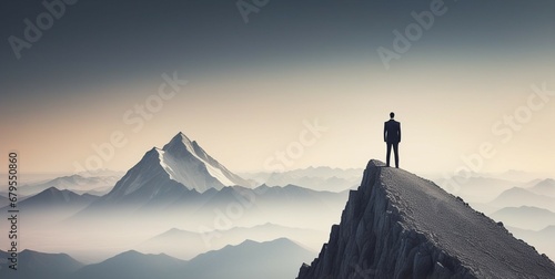Smart businessman professional for success invest business standing on top of mountain photo