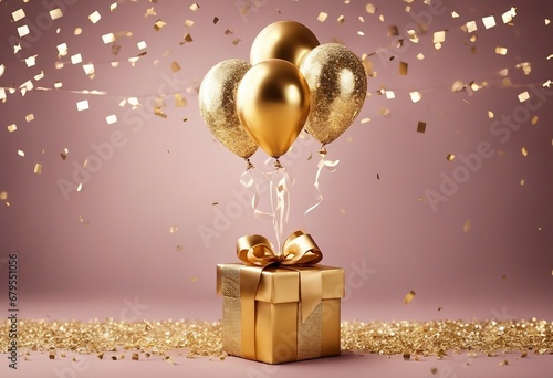 Golden Celebration: Happy Birthday Card with Air Balloons and Glittering Confetti Elements. Black Friday Gift or Anniversary Luxurious Gift Surprise