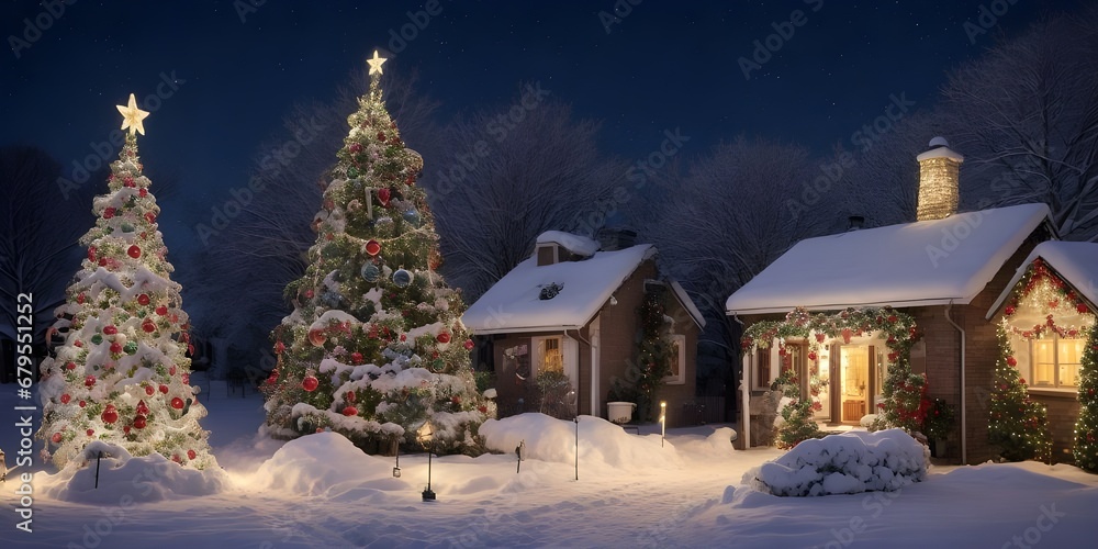 Christmas trees decoration front home in the small village, decorative lights, stars, bubbles shops, star lights bokeh background