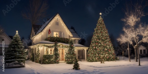 Christmas trees decoration front home in the small village  decorative lights  stars  bubbles shops  star lights bokeh background