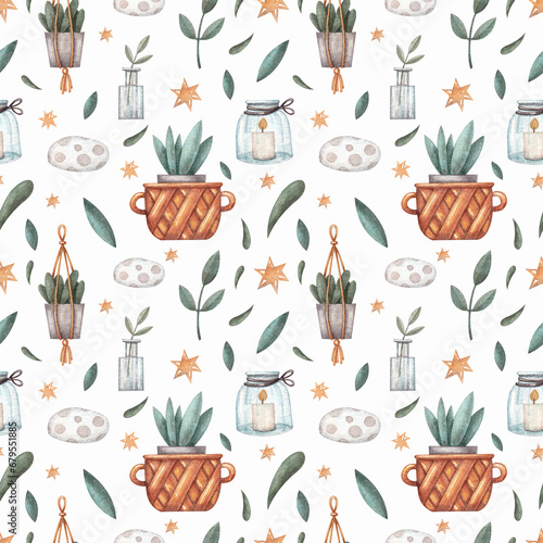 Seamless pattern with plants, candles, leaves, stars and branches on a white background. Watercolor illustration. Cozy. Natural. House. Nature. Print on fabric and paper. Art. Design. Cute. Green.
