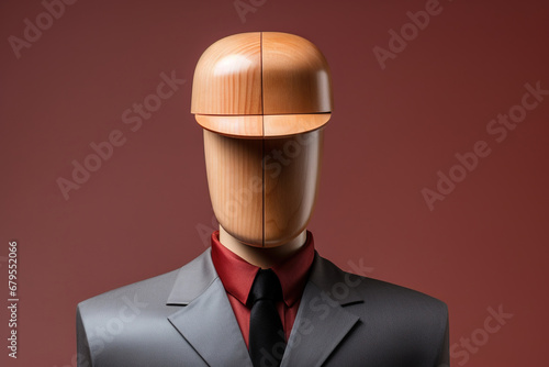 Wooden figurine of a man in a tie on a blurred background. Generative AI