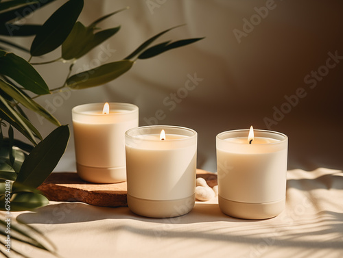 Photo handmade scented candles in a glass, soy wax candles with a wooden wick,  With Generative AI technology