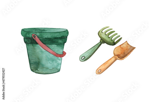 A set of children's items for the sandbox, a green bucket, a scoop and a rake for the sandbox,a watercolor illustration isolated on a white background