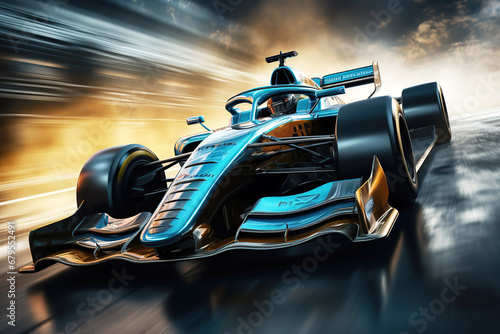 blue racing car is moving fast on Formula One track © alexkoral
