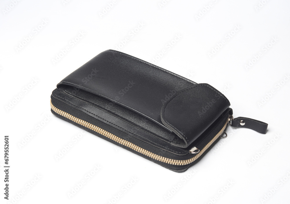 Leather wallet with a pocket for a smartphone on white background Leather wallet with a pocket for a smartphone on white background