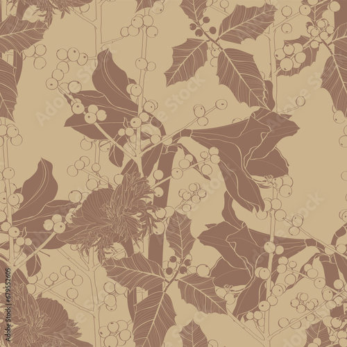 Winter season botanical seamless pattern. Poinsettia, sorbus berries, ilex, mistletoe background. Seasonal botany decorative illustration. Wrapping paper, textile, fabric design.