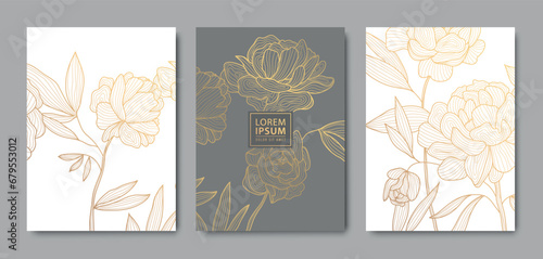 Vector set of luxury flower line pattern, golden background. Hand drawn plants, leaves, flowers for packaging, social media post, cover, banner, creative post and wall arts