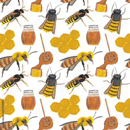 Honey and bee Seamless pattern Background with handpainted colorful illustrations Great for fabric, textile and paper design, scrapbooking, wrapping and wallpaper, surface design. photo