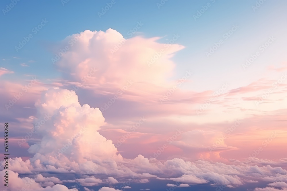 Light pink clouds in a sunset blue sky. Pastel colors of clouds, a natural background for sunrise and sundown