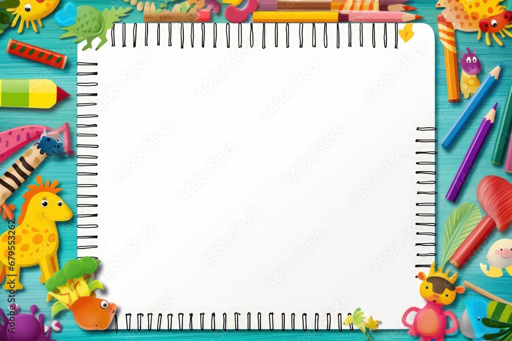 Fototapeta premium Colorful school supplies create a double border on lined paper background in this illustration