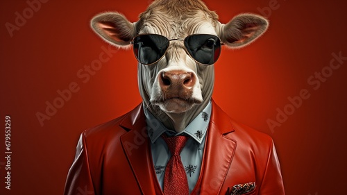 A guy bussing cows against a crimson backdrop..