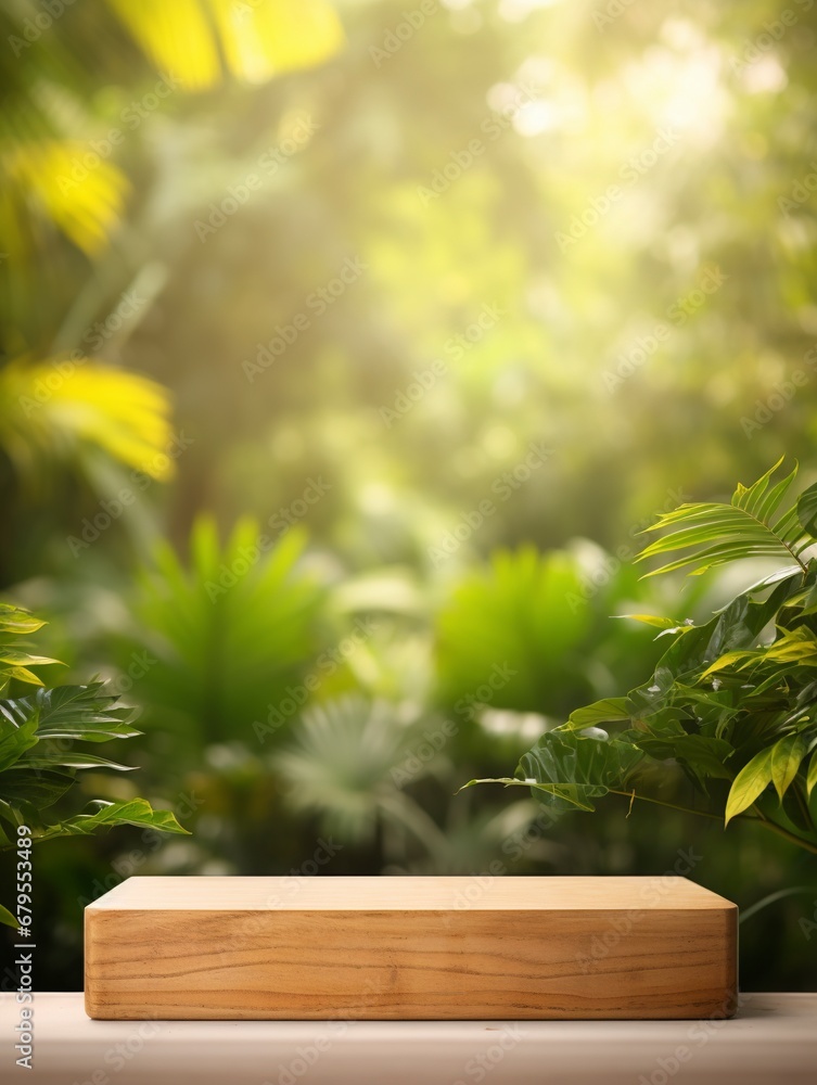 Wooden product display podium with blurred nature leaves background. copy space, generative ai