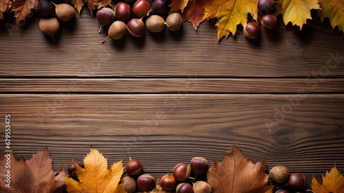 A rustic wooden table with a frame of autumn leaves scattered around it.