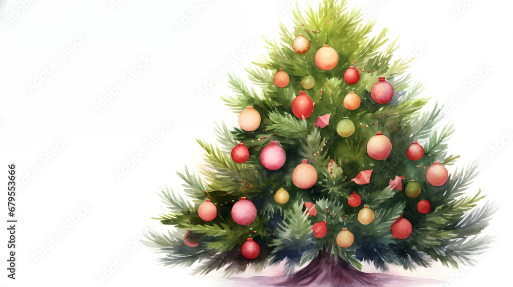 Watercolor Decorated christmas tree with balls isolated on white background