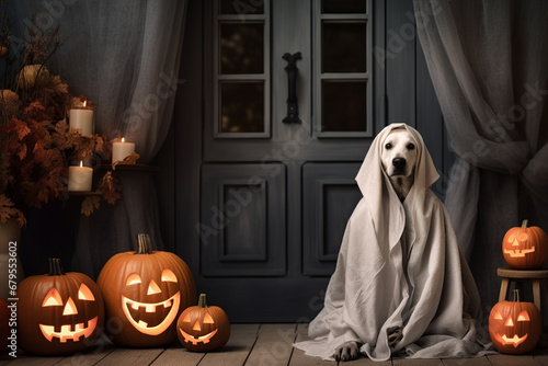 Funny dog with ghost costume ,sitting  in front of the door at home entrance with pumpkin lantern © erika8213