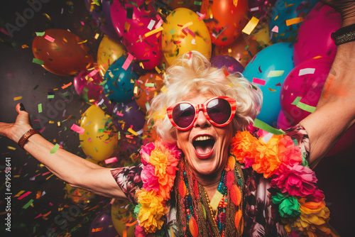 Eccentric senior woman having fun on a crazy party or in the disco.