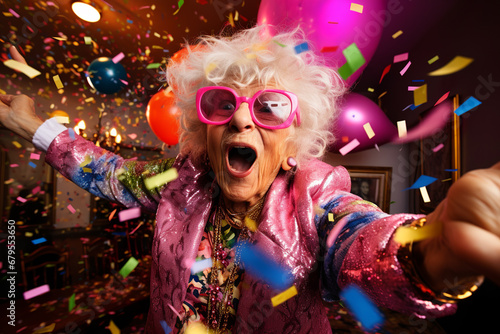 Eccentric senior woman having fun on a crazy party or in the disco.