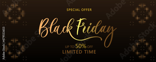 Black Friday Sale. Banner, poster, logo golden color on dark background.