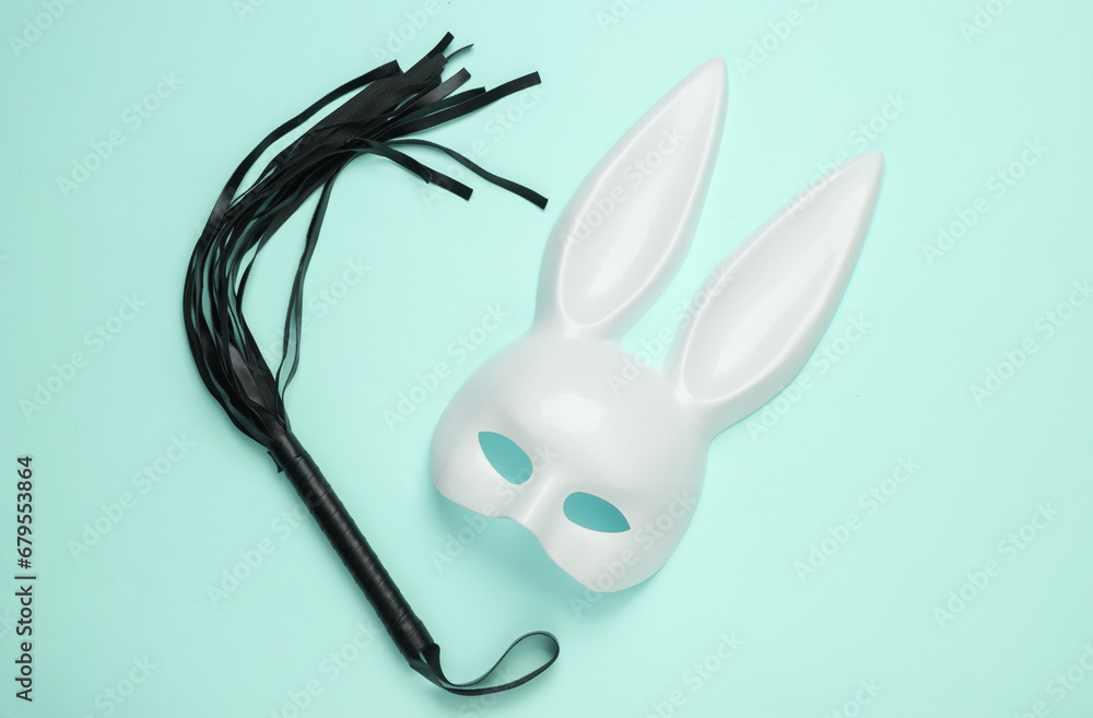 Photo Art Print Sex shop toys Rabbit mask with leather whip on  