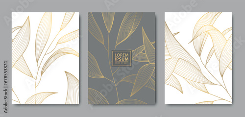 Vector set of luxury floral line pattern, golden background. Hand drawn plants, leaves for packaging, social media post, cover, banner, creative post and wall arts