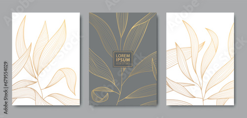 Vector set of luxury floral line pattern, golden background. Hand drawn plants, leaves for packaging, social media post, cover, banner, creative post and wall arts