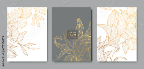Vector set of luxury floral line pattern, golden background. Hand drawn plants, leaves for packaging, social media post, cover, banner, creative post and wall arts