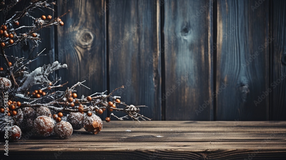 Christmas tree branches with snowman and ornaments on a wooden background. Background of the winter vacations..