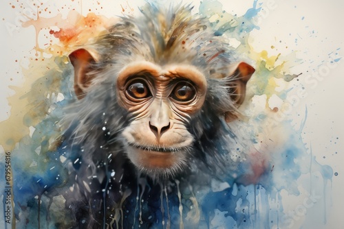 watercolor Monkey illustration with splash watercolor textured background cute monkey